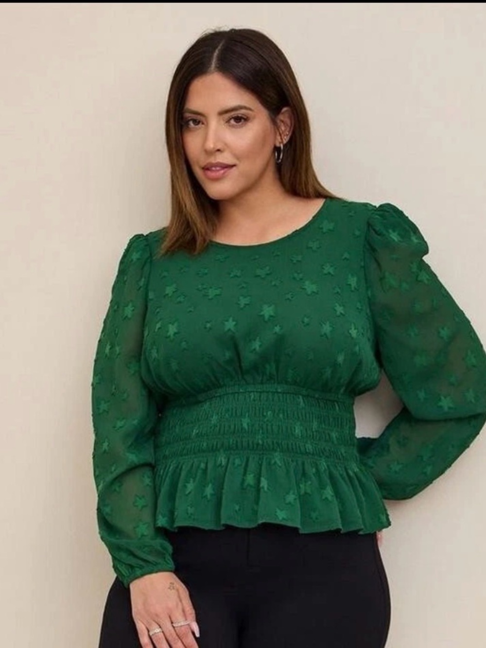 torrid Green Star-Texture Peplum Blouse. Flatters waist.
